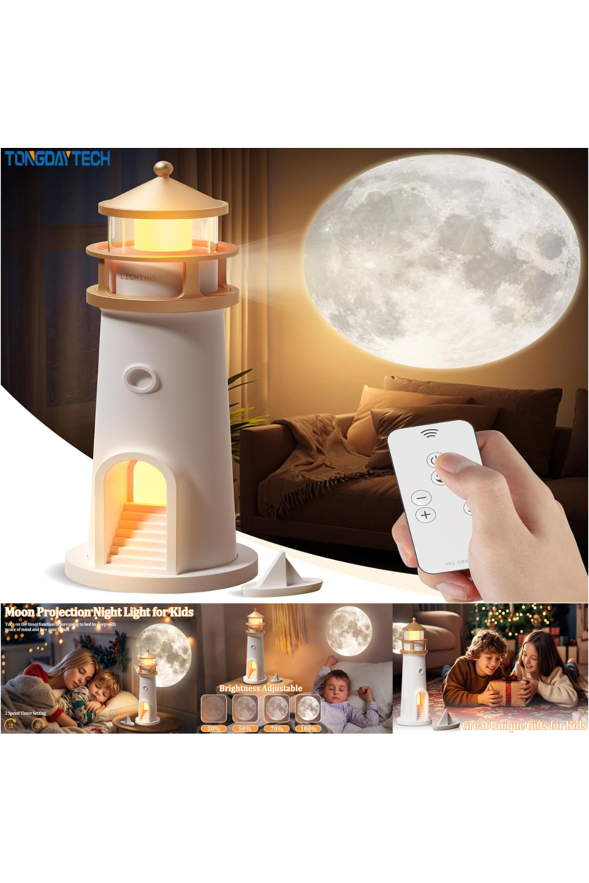 İMEXTECH Ay Projeksiyon Gece Lambası Hareket Sensörlü & Bluetooth Müzik Zamanlayıcı Deniz Feneri Işığı fotoğrafı 5 (önizleme)