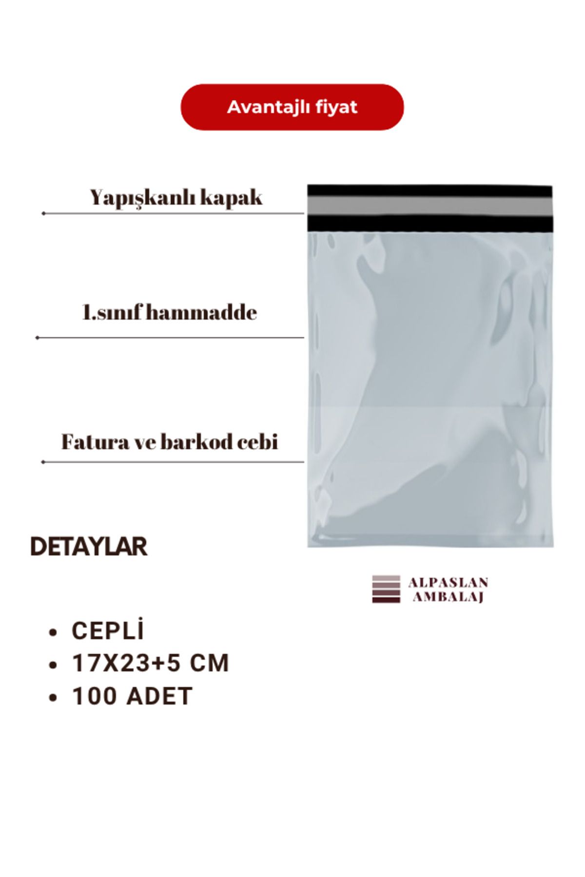 ALPASLAN AMBALAJ Kargo Poşeti Cepli 17x23 5 (100ADET)