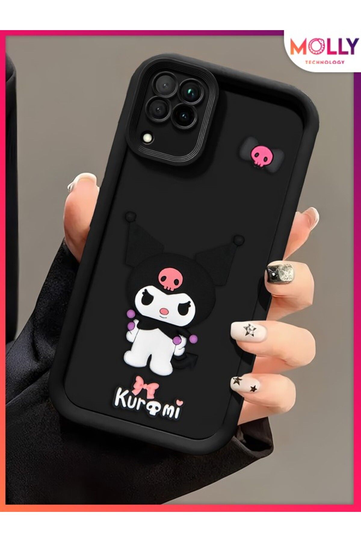 Molly Samsung Galaxy A22 İçin Siyah Kenarları Kalın 3d Kabartmalı Kawaii Kuromi Silikon Kılıf
