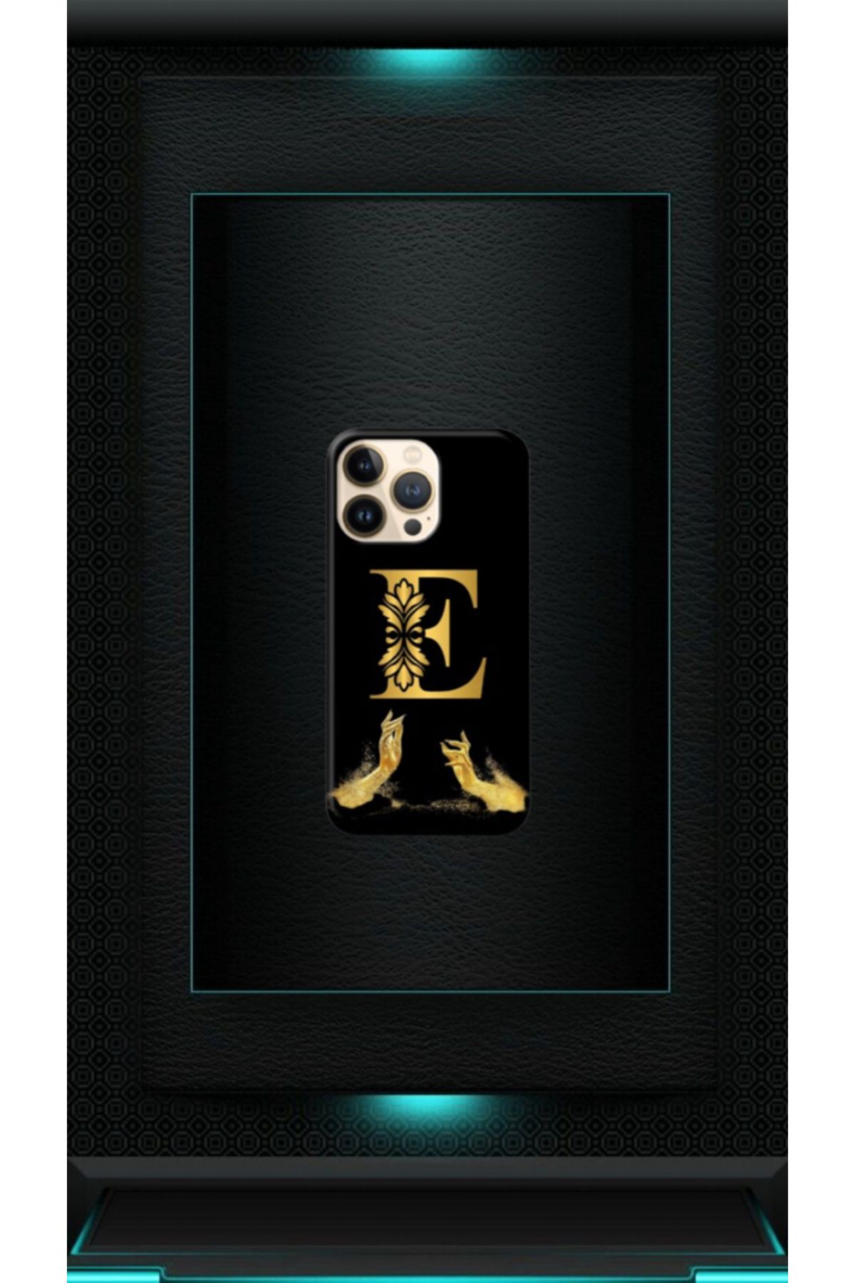 cover shopp Siyah Desenli Gold E Harfi 13 Pro Max Uyumlu