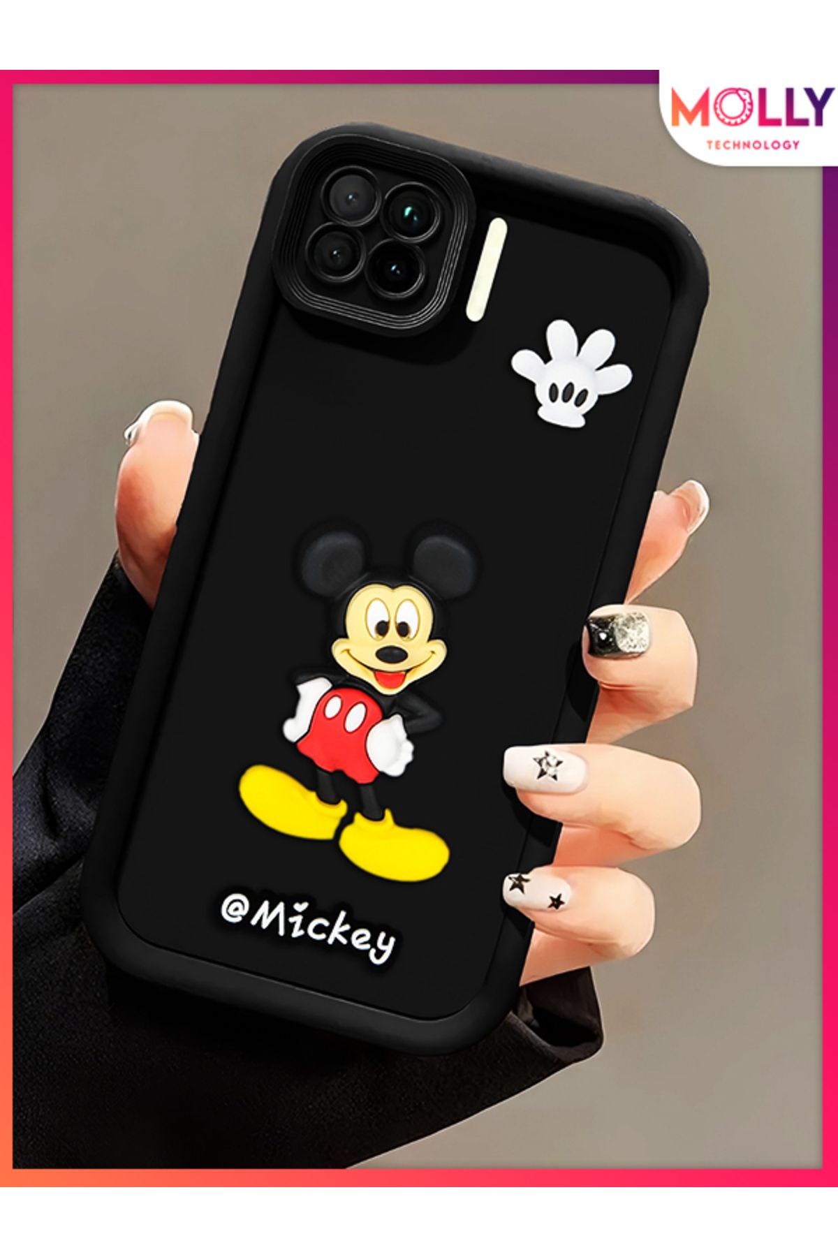 Molly Oppo RENO 4 LİTE İçin Siyah Kenarları Kalın 3d Kabartmalı Mickey Silikon Kılıf