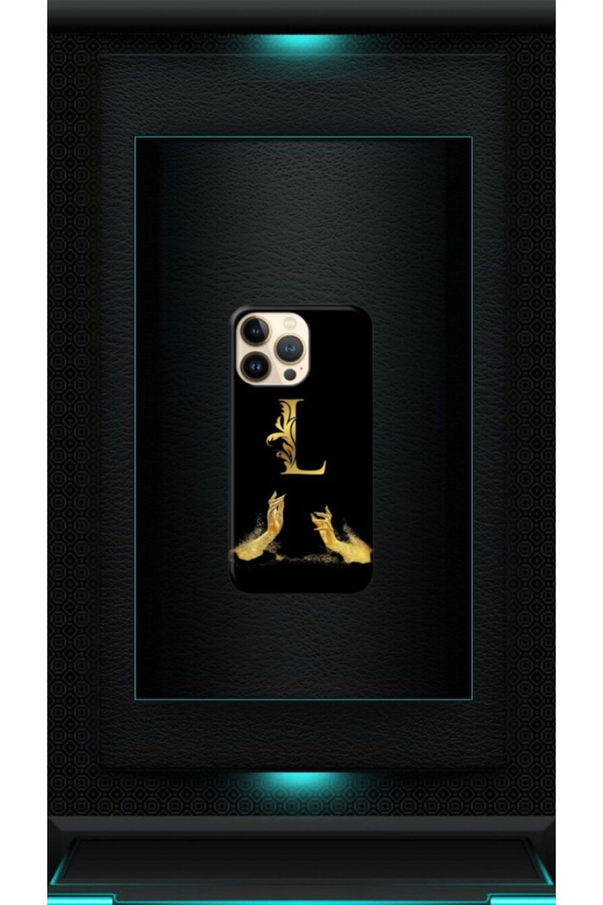 cover shopp Siyah Desenli Gold L Harfi IP 13 Pro Uyumlu kılıf