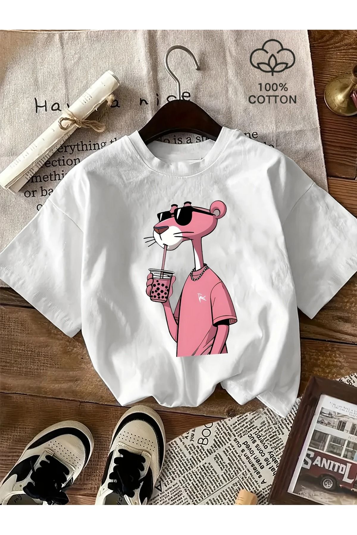 Massgai Unisex Pink Pembe Panter Baskılı Oversize %100 Pamuk T-shirt