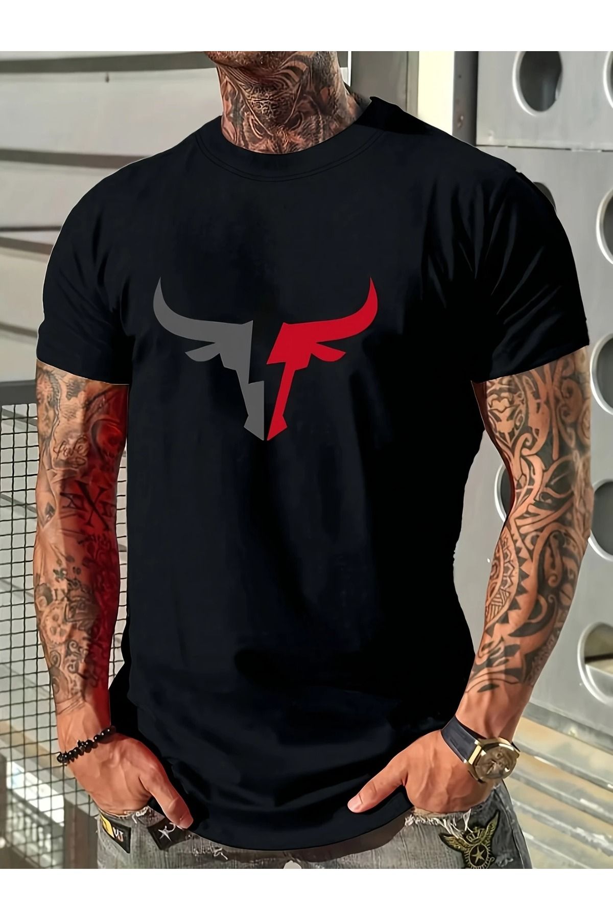 Massgai Unisex Boğa Bull Kafa Baskılı Oversize %100 Pamuk T-shirt
