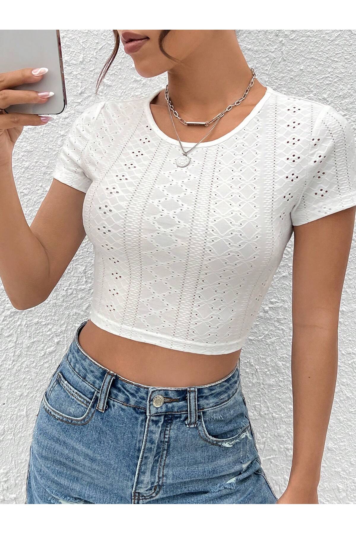 Wild Flower  Beyaz Belden Bağlamalı Kısa Kollu Crop Bluz - Görsel 4