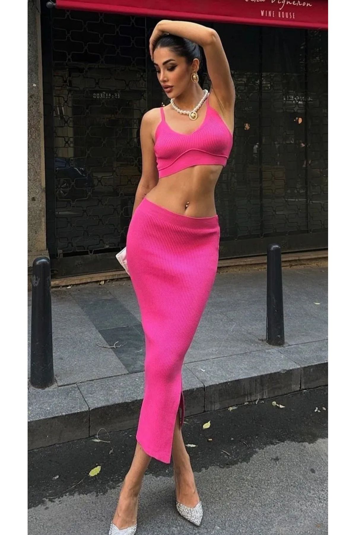 Noi Belis Askılı Crop Bluz Midi Boy Etek İnce Yazlık Takım SS25AU0008