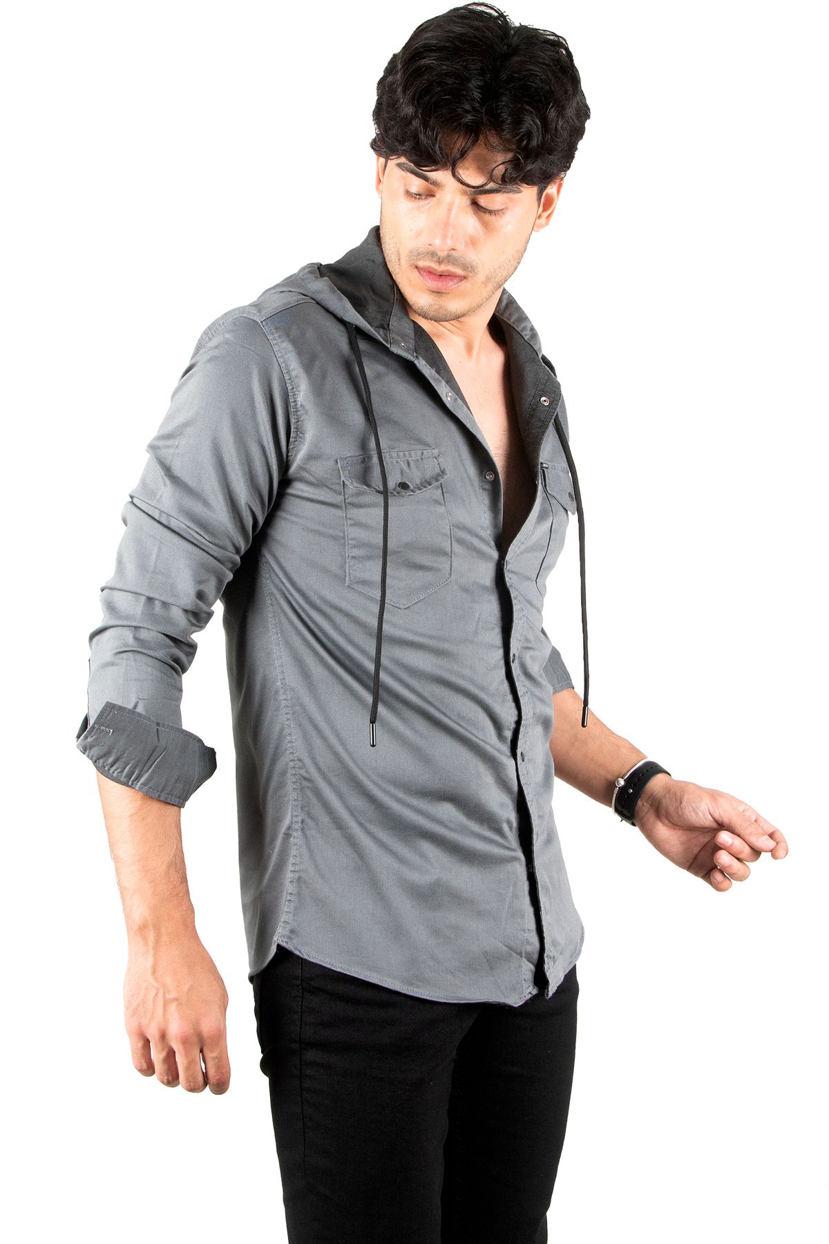 Rizz up Erkek Füme Kapüşonlu Cepli Slim Fit Likralı Kot Gömlek 2300396