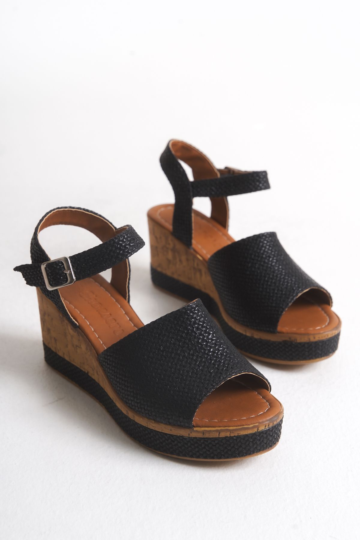 Shoesers Kadın Özel Hasır Tasarım Tek Bantlı Dolgu Topuklu Ayakkabı, Günlük Sandalet