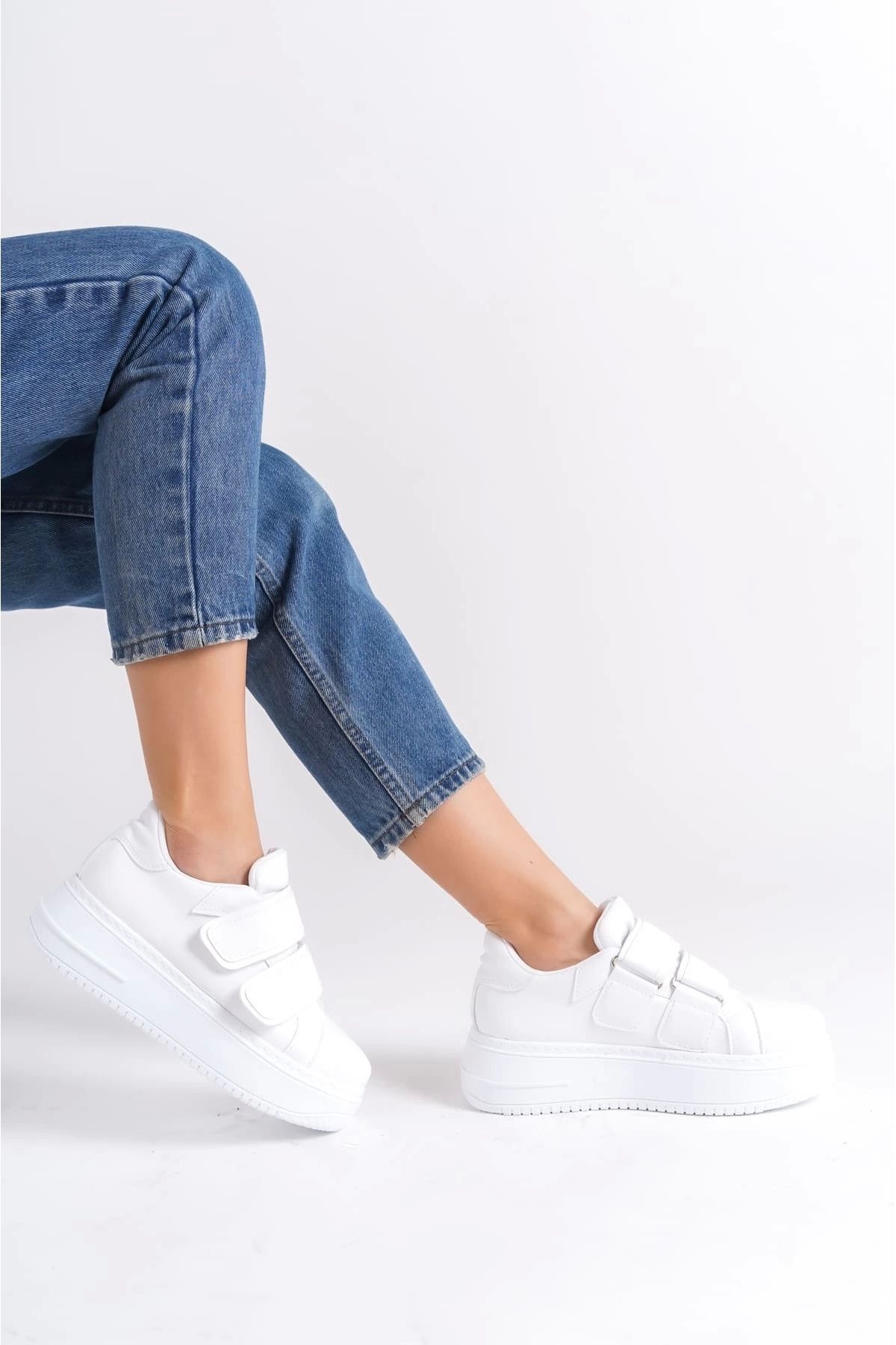 Joy Ayakkabı Kömen VALENCIA Bağcıksız Cırt Cırtlı Ortopedik Taban Kadın Sneaker Spor Ayakkabı BT - Beyaz