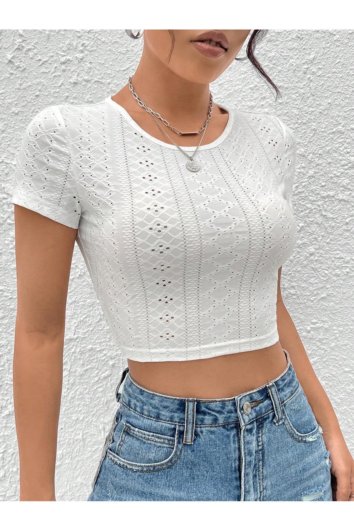 Wild Flower  Beyaz Belden Bağlamalı Kısa Kollu Crop Bluz - Görsel 2
