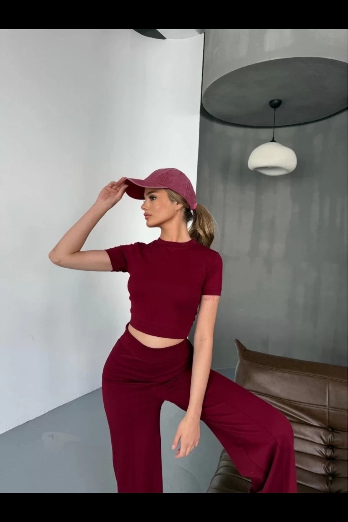 cakır and moniva Yumuşak Dokulu Kumaş Kısa Kollu Crop Rahat Pantalon ikili Takım