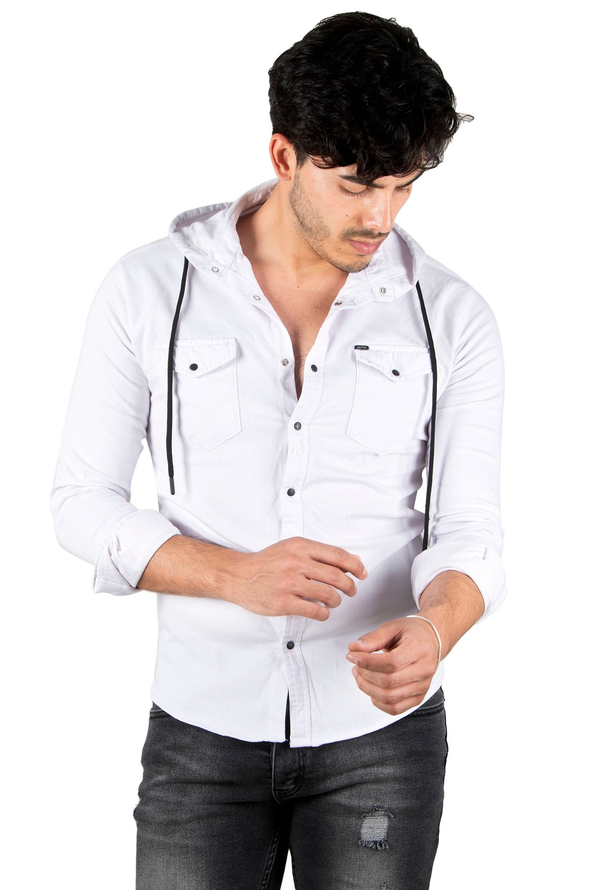 Rizz up Erkek Beyaz Kapüşonlu Cepli Slim Fit Likralı Kot Gömlek 2300396