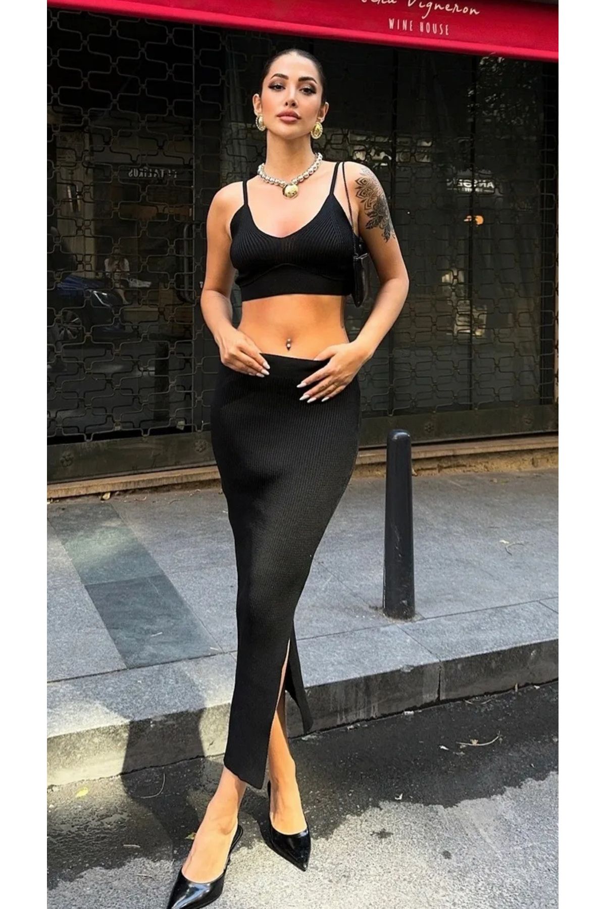 Noi Belis Askılı Crop Bluz Midi Boy Etek İnce Yazlık Takım SS25AU0008