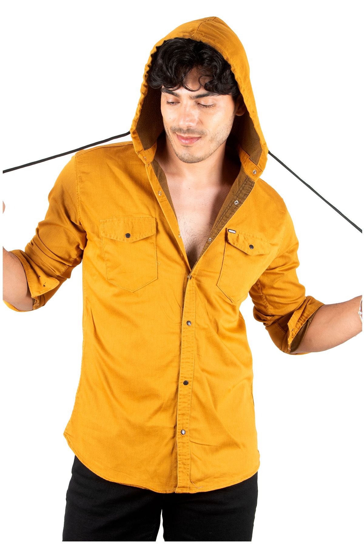 Rizz up Erkek Hardal Sarısı Kapüşonlu Cepli Slim Fit Likralı Kot Gömlek 2300396