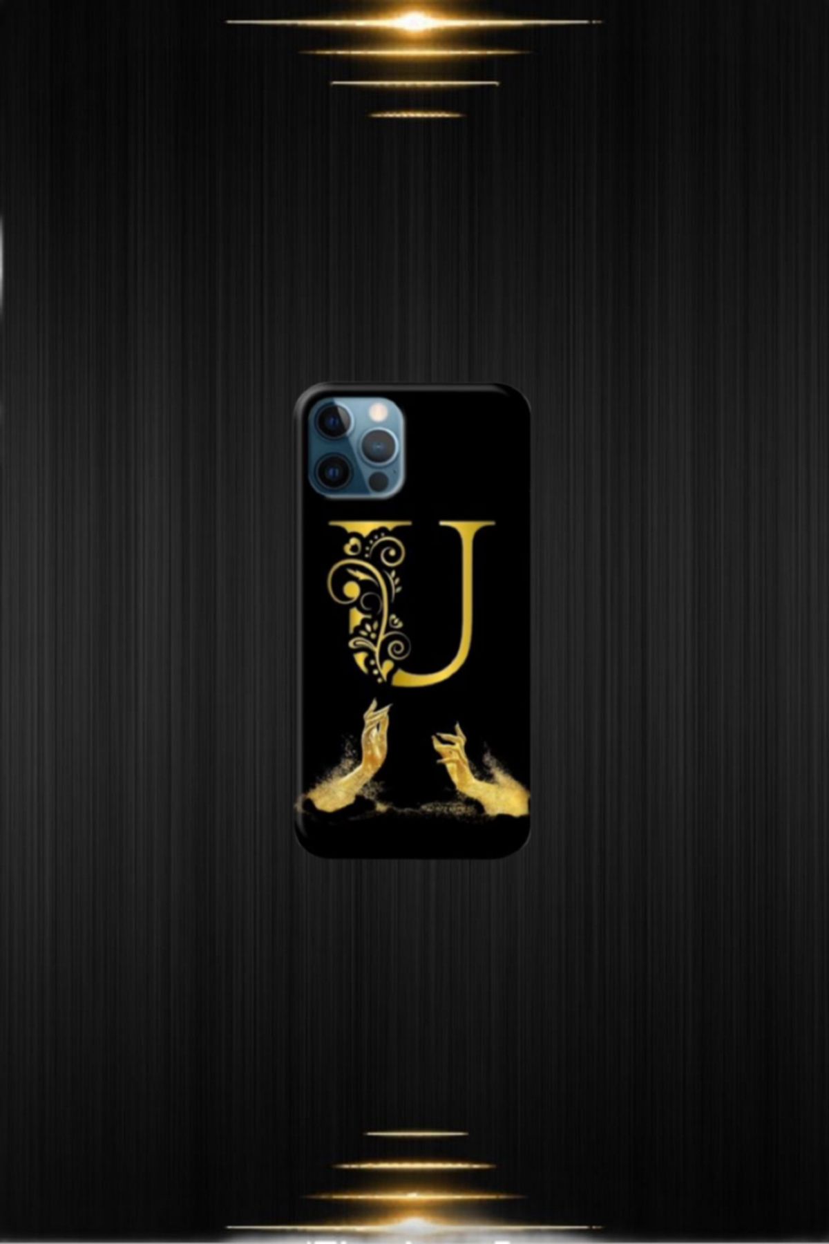 cover shopp Siyah Desenli Gold U Harfi IP 12 Pro