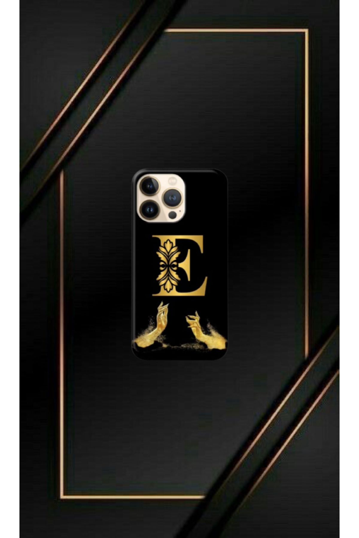 cover shopp Siyah Desenli Gold E Harfi IP 14 Pro
