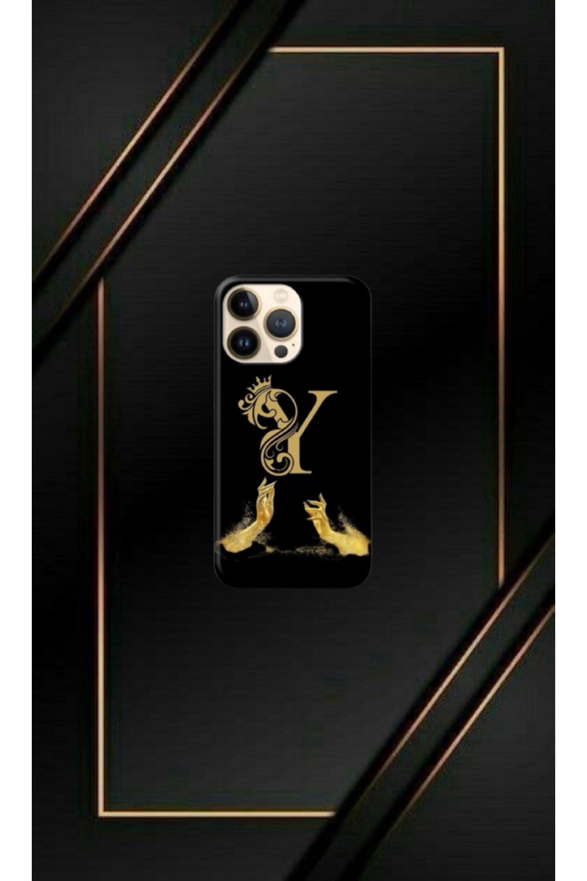 cover shopp Siyah Desenli Gold Y Harfi 14 Pro Max