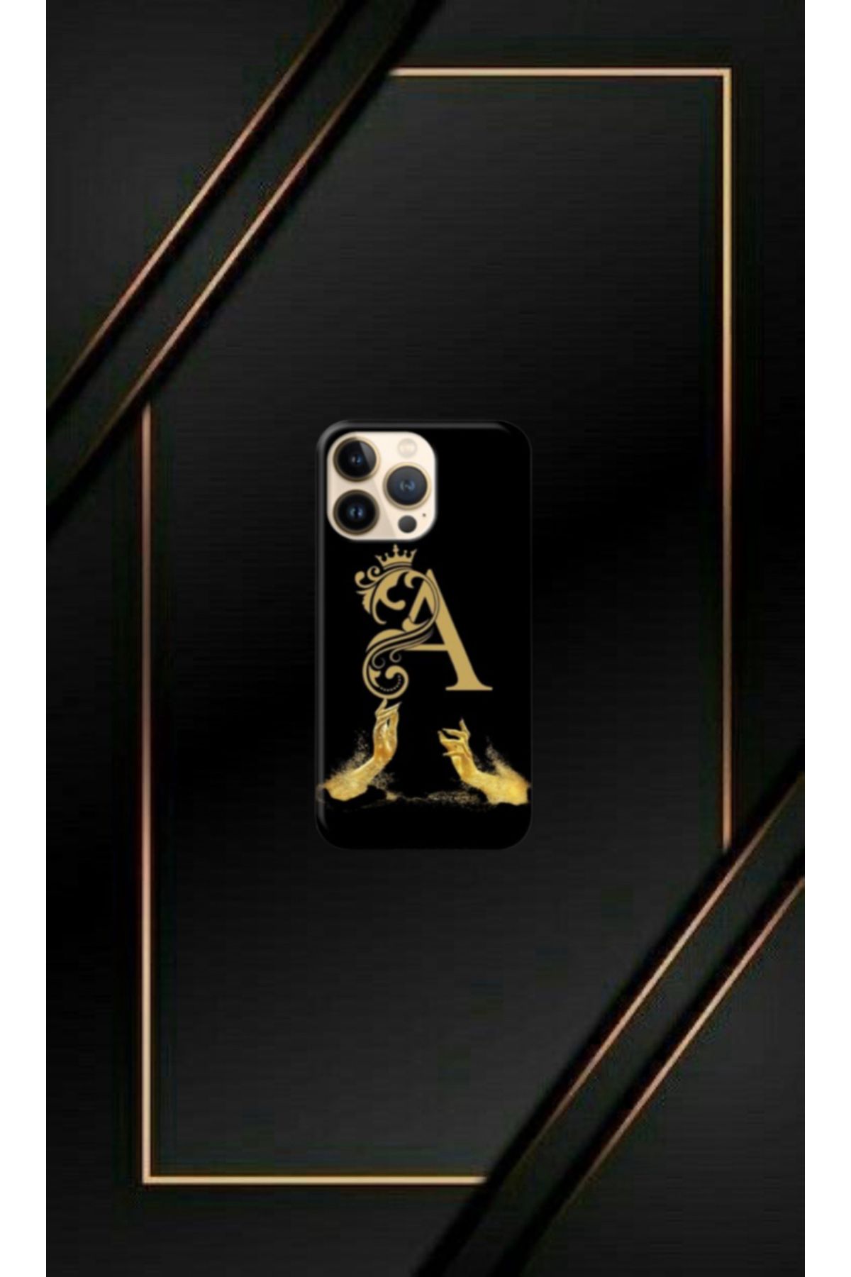 cover shopp Siyah Desenli Gold A Harfi 14 Pro Max
