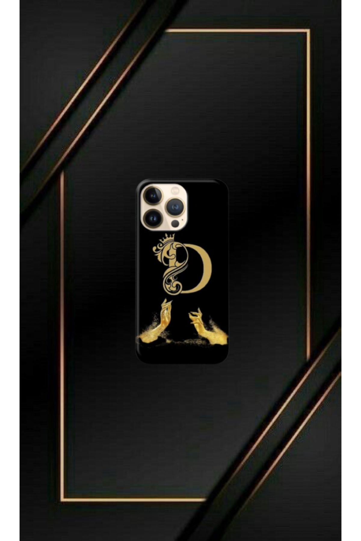 cover shopp Siyah Desenli Gold D Harfi 14 Pro Max