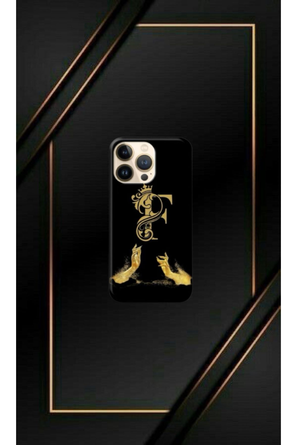 cover shopp Siyah Desenli Gold F Harfi 14 Pro Max