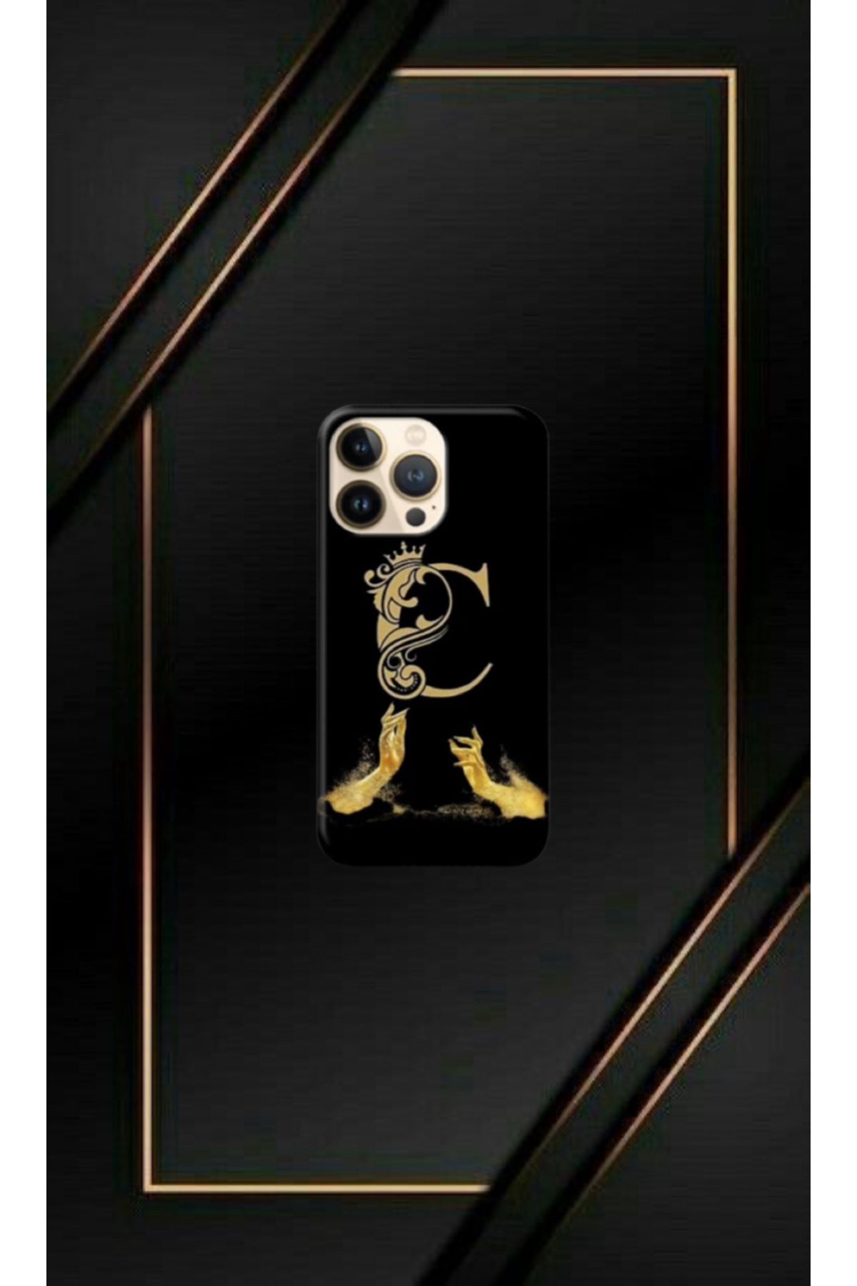 cover shopp Siyah Desenli Gold C Harfi IP 14 Pro