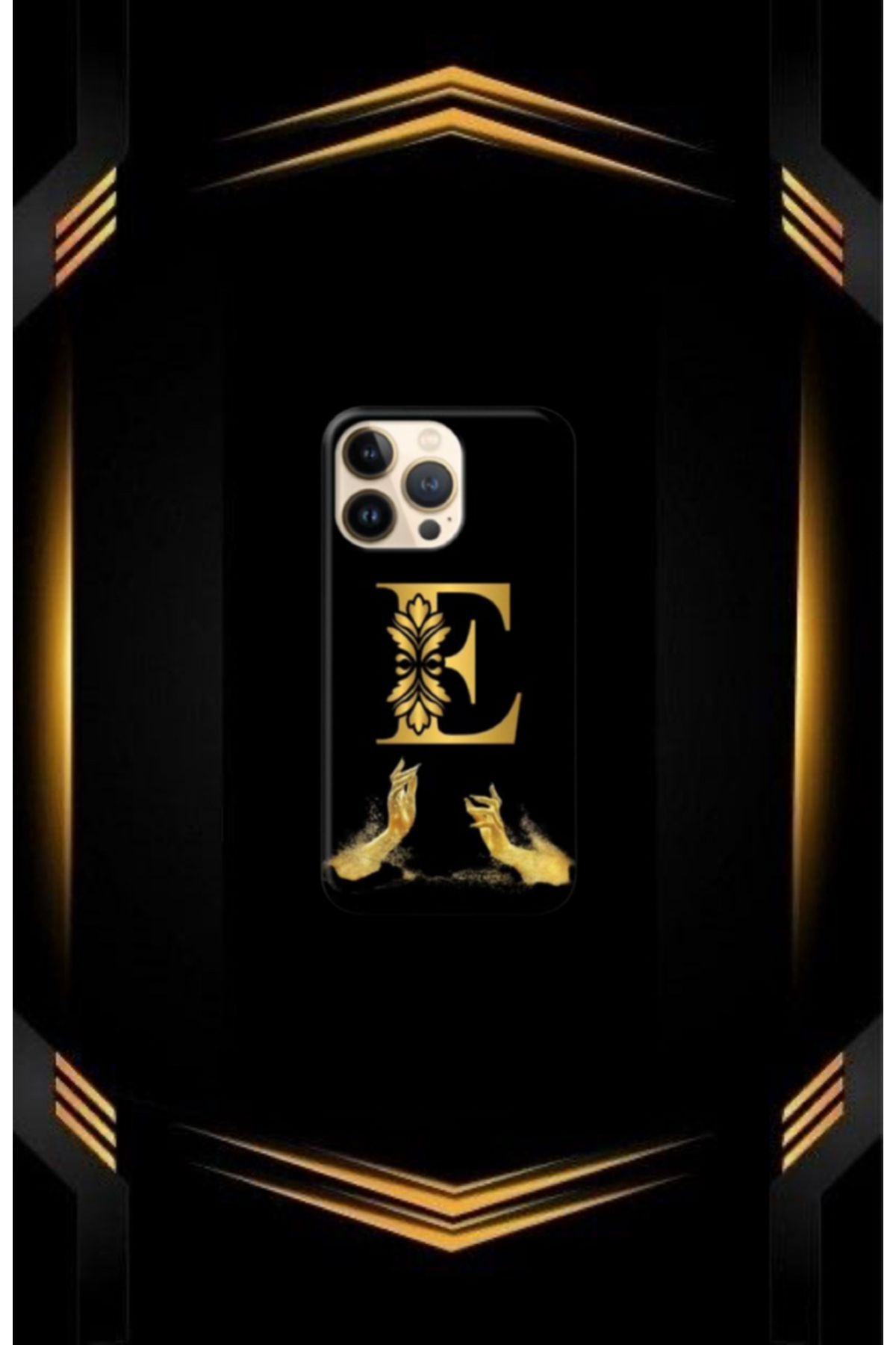 cover shopp Siyah Desenli Gold E Harfi IP 15 Pro