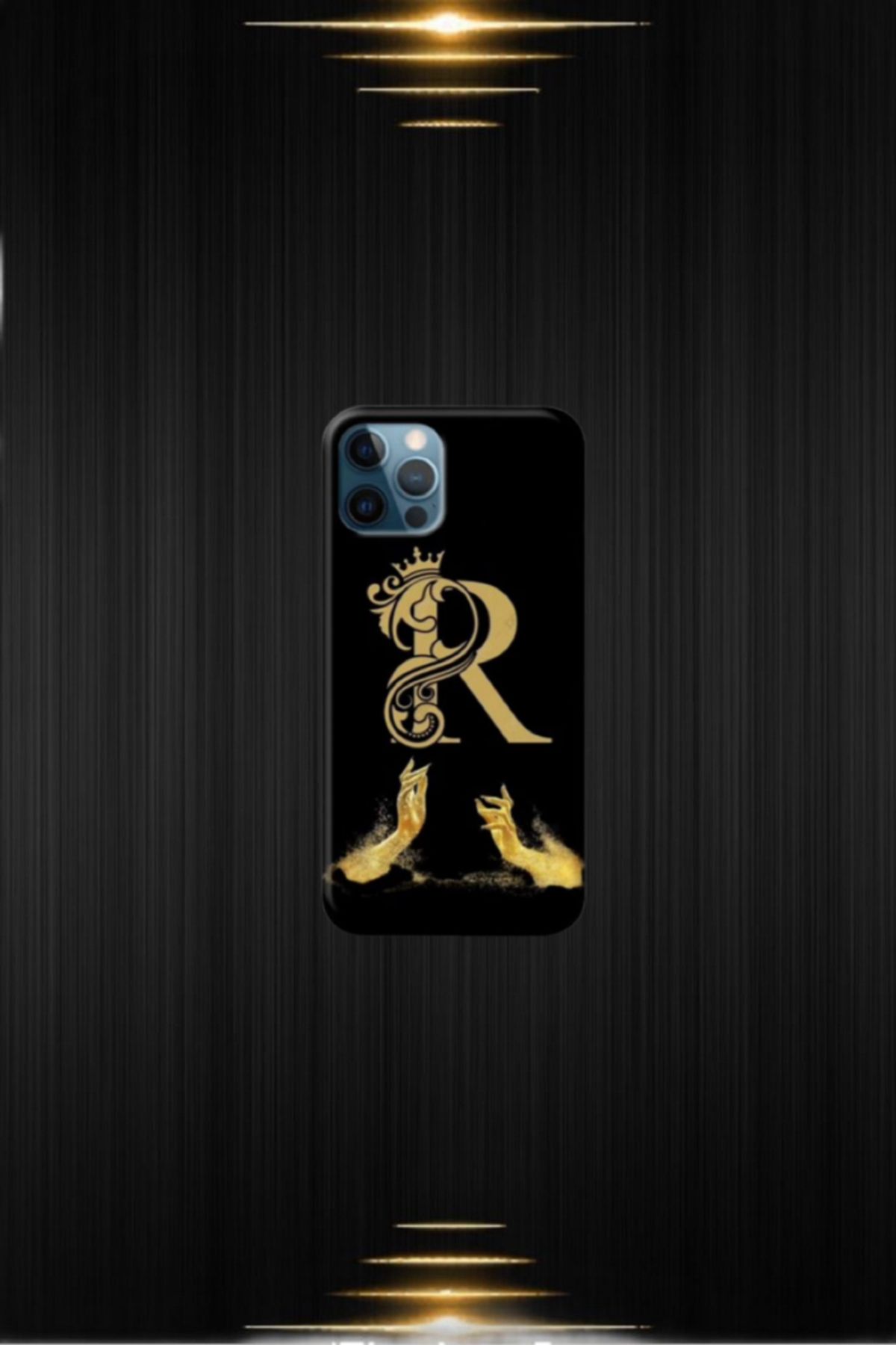 cover shopp Siyah Desenli Gold R Harfi IP 12 Pro Max