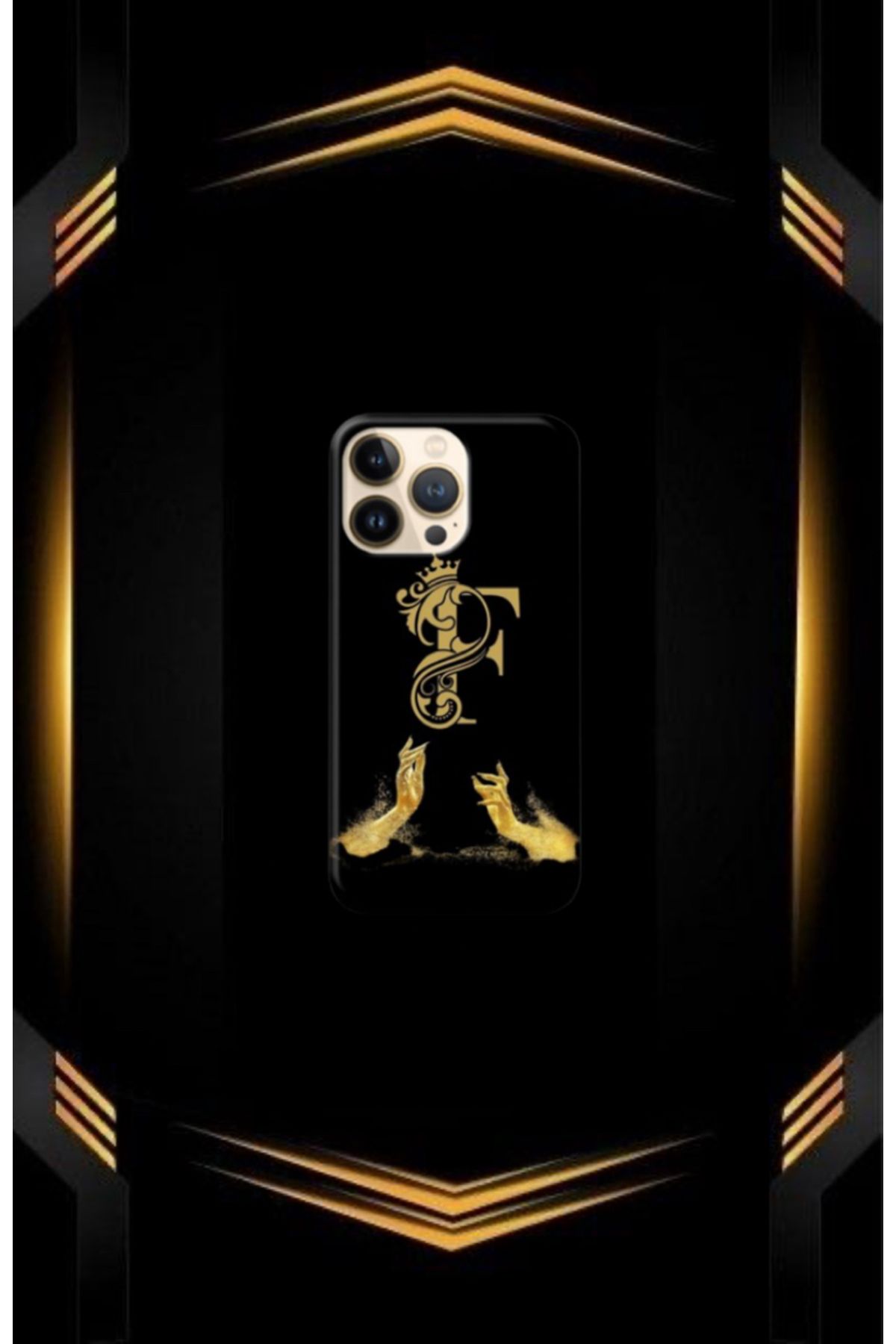 cover shopp Siyah Desenli Gold F Harfi 15 Pro Max