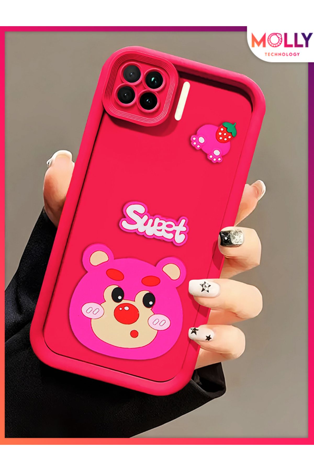 Molly Oppo RENO 4 LİTE İçin Magenta Kenarları Kalın 3d Kabartmalı Çilek Ayı Silikon Kılıf