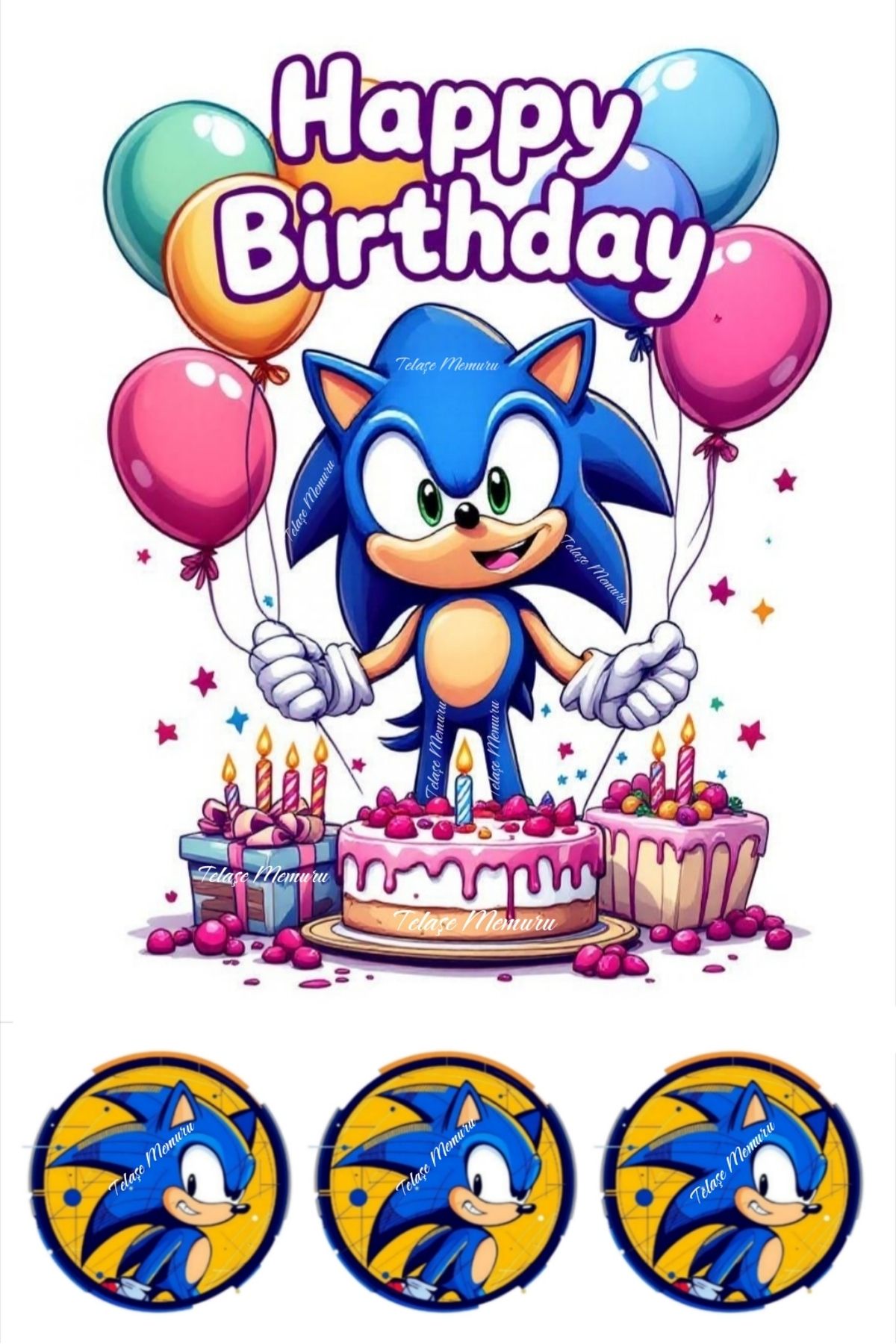 telaşe memuru Sonic Pasta Süsü - Yenilebilir Kağıt Pasta Baskısı Doğum Günü Süsleri Model 2