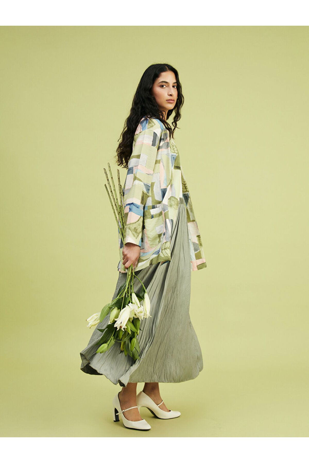 LC Waikiki LCW Modest Yeşil Beli Lastikli Saten Kadın Etek S5GA13Z8NVY25