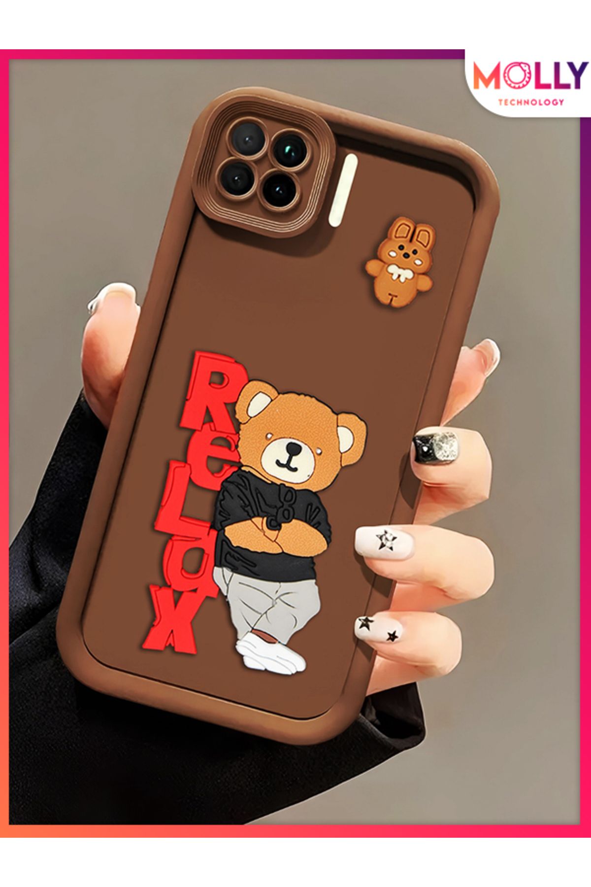 Molly Oppo RENO 4 LİTE İçin Fallow Brown Kenarları Kalın 3d Kabartmalı Teddy Bear Silikon Kılıf