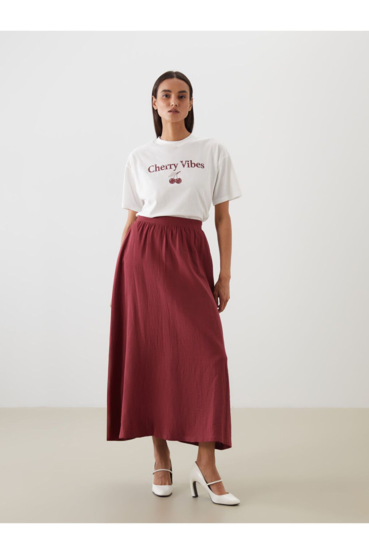 LC Waikiki LCW Modest Kahverengi Beli Lastikli Müslin Kloş Etek S5MO67Z8NVY25