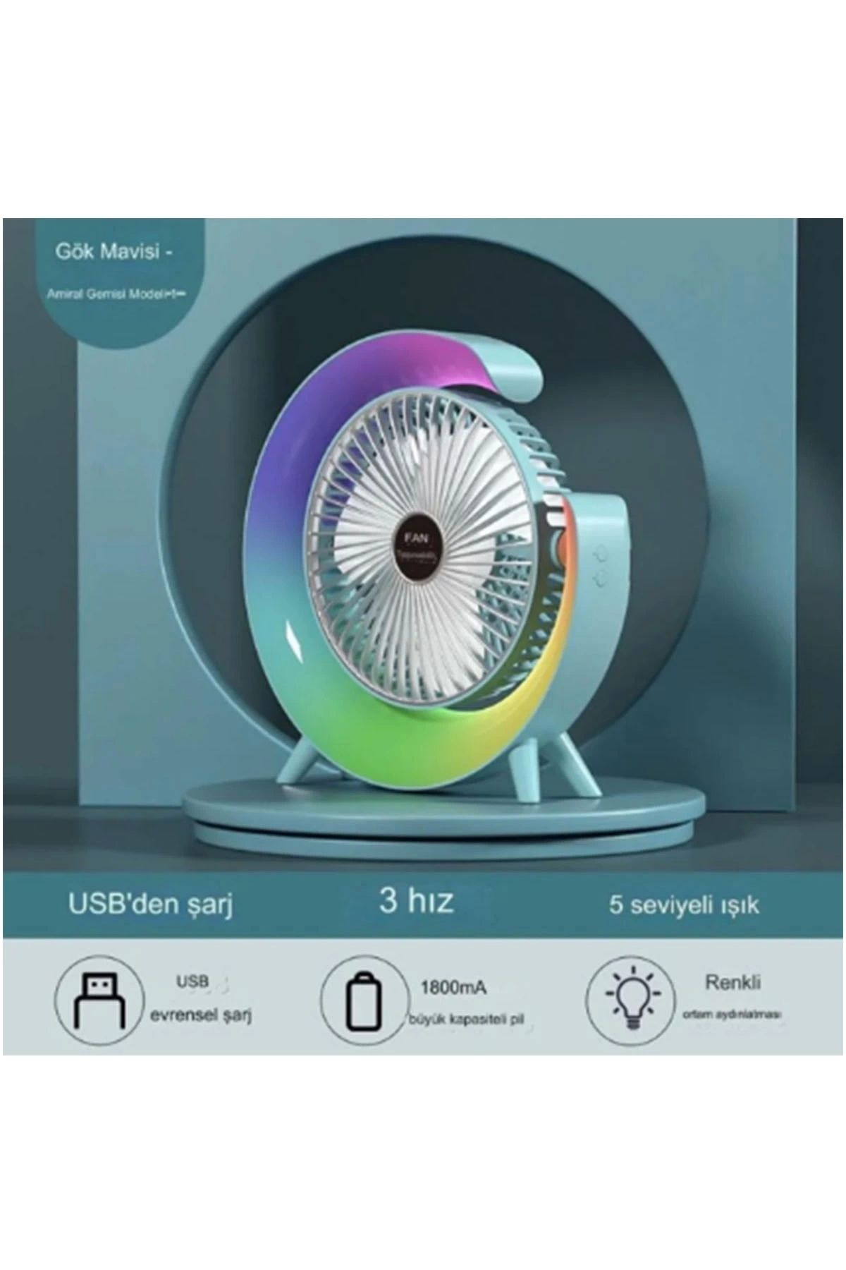 YNT İthalat Masaüstü Vantilatör Usb Şarjlı Rgb Led Işıklı 3 Kademeli 180° Ayarlanabilir Soğutucu Fan Mavi
