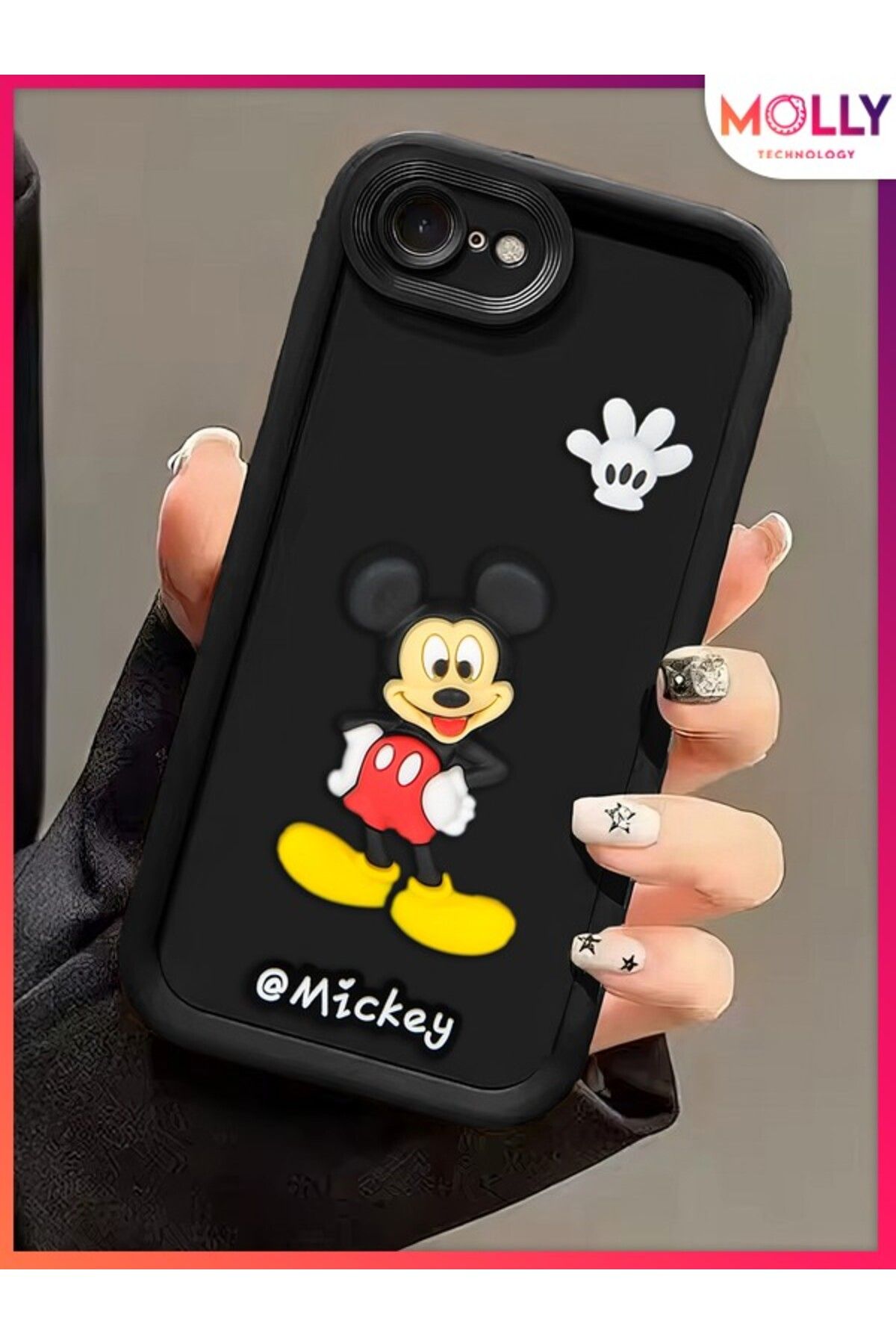 Molly iPhone 7 İçin Siyah Kenarları Kalın 3d Kabartmalı Mickey Silikon Kılıf