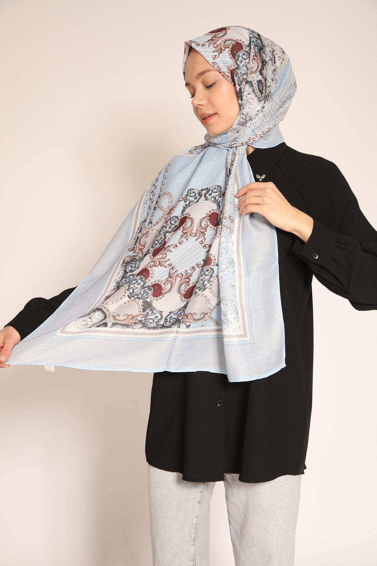 Dia Vela Bebe Mavi Zincir Ve Barok Desenli Soft Şal
