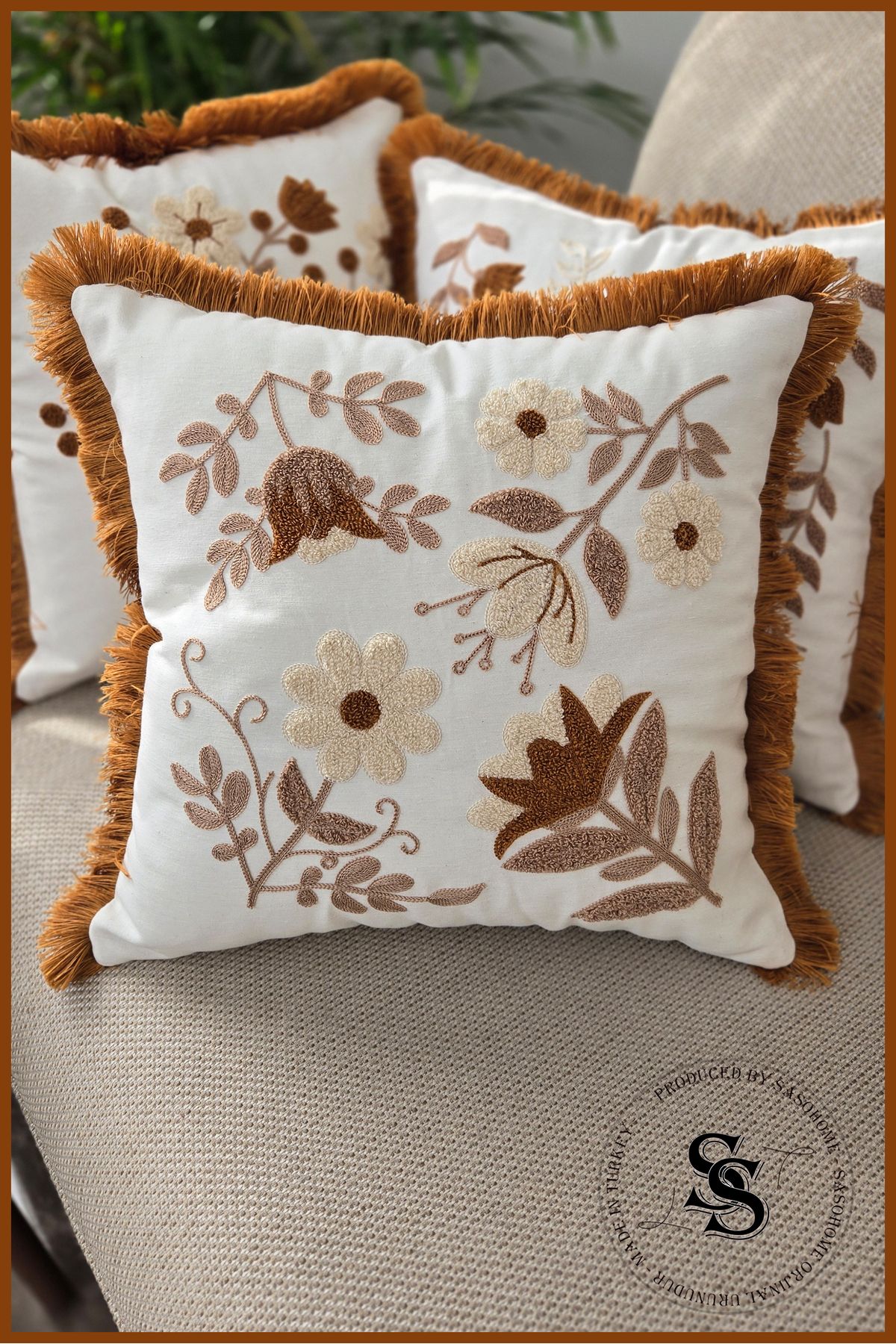 SasoHome Beauty Flowers Punch Nakış Desenli Keten Kırlent Kılıfı