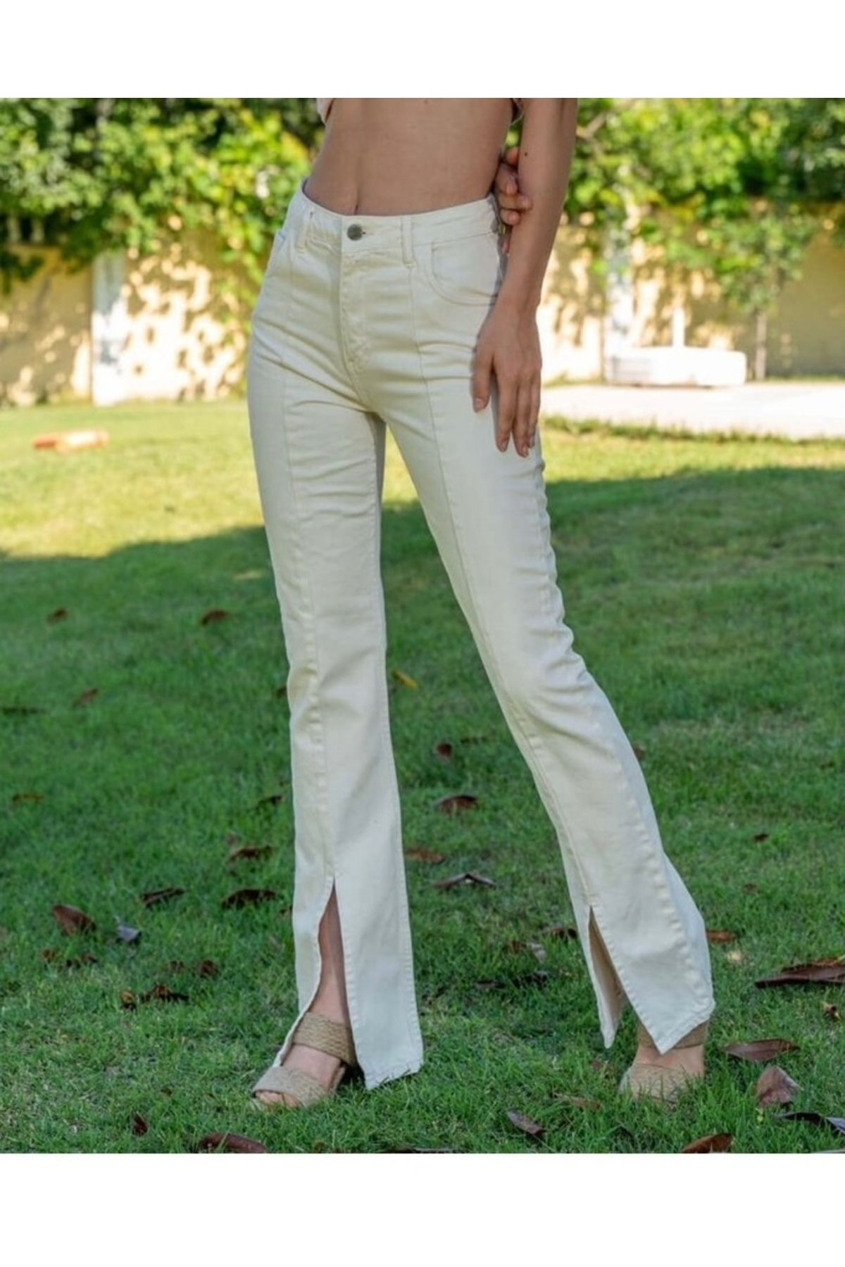 PELMA MODA Açık Bej Yırtmaçlı Jean
