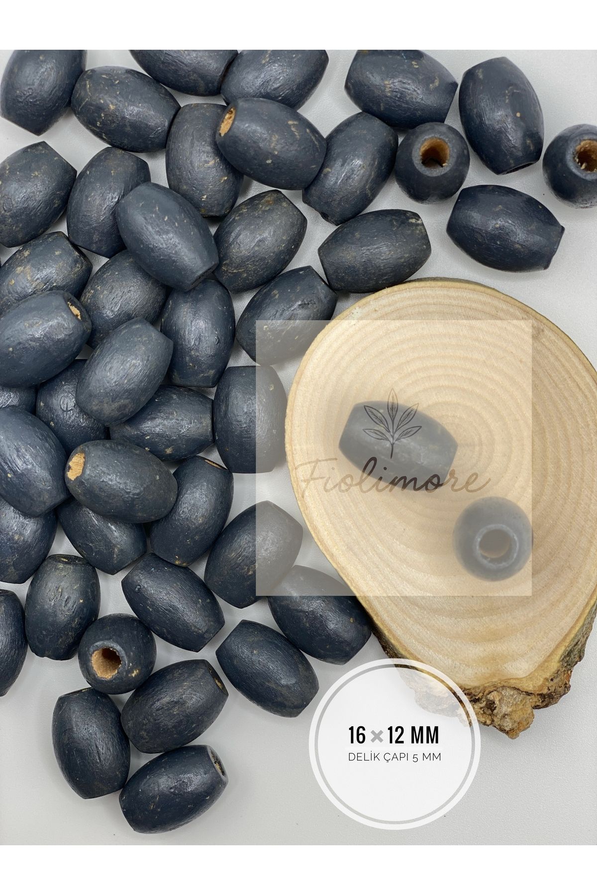 Fiolimore Oval Ahşap Renkli Antrasit Rengi Boncuk 16x12 mm (50 Gram 75 Adet) Delik Çapı 5 mm Badem TahtaBoncuk