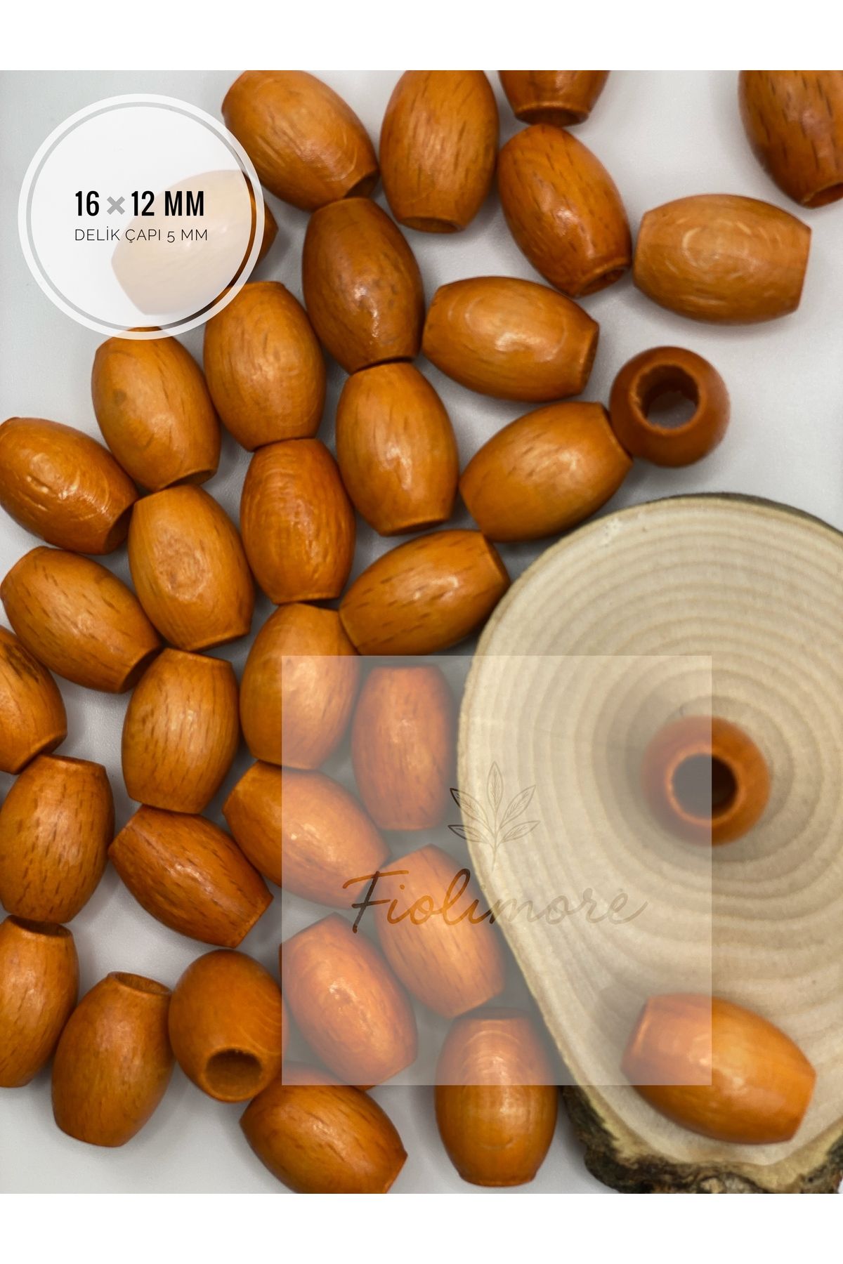 Fiolimore Oval Ahşap Renkli Turuncu Rengi Boncuk 16x12 mm (50 Gram 75 Adet) Delik Çapı 5 mm Badem Tahta Boncuk