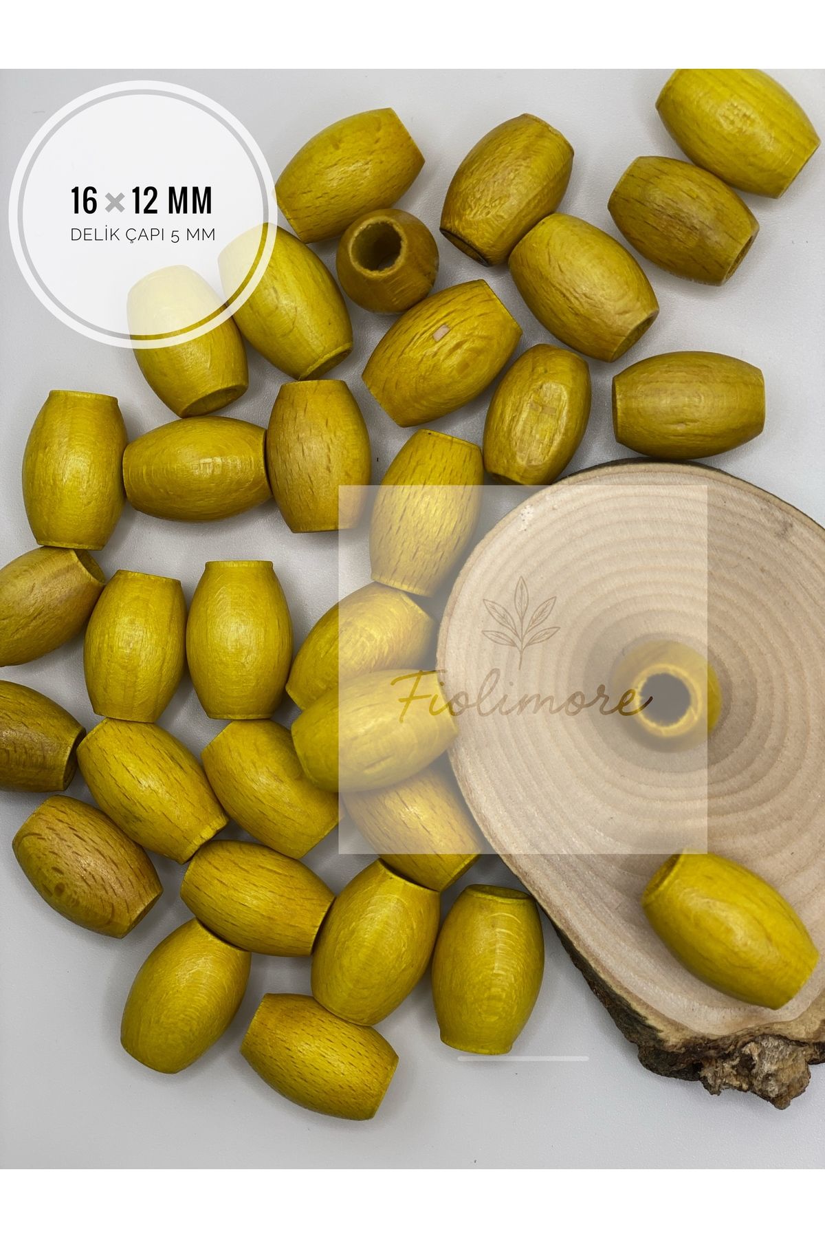 Fiolimore Oval Ahşap Renkli Sarı Rengi Boncuk 16x12 mm (50 Gram 75 Adet) Delik Çapı 5 mm Badem Tahta Boncuk