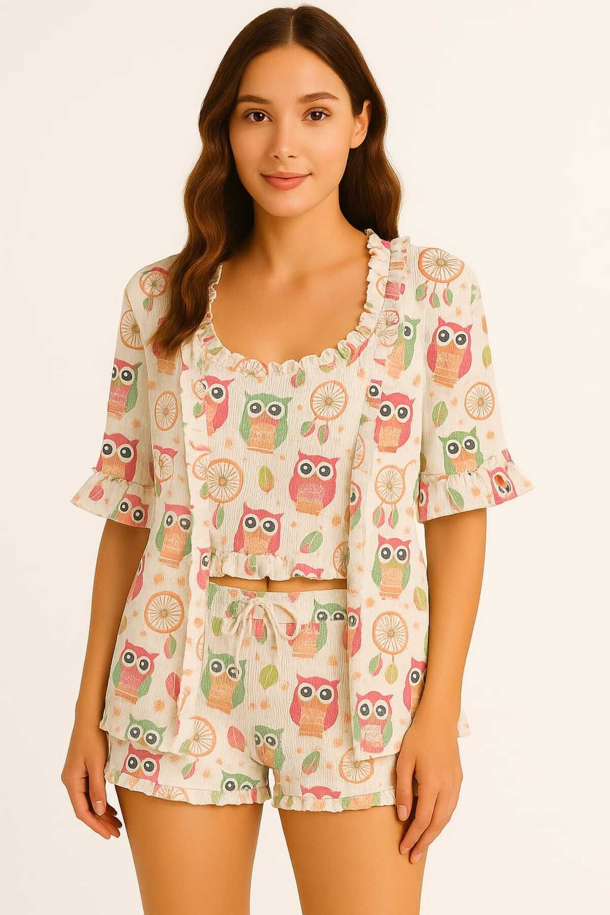 PEMBİŞ HOMEWEAR Fitilli Sabahlıklı Baykuş Desenli Şort Takımı