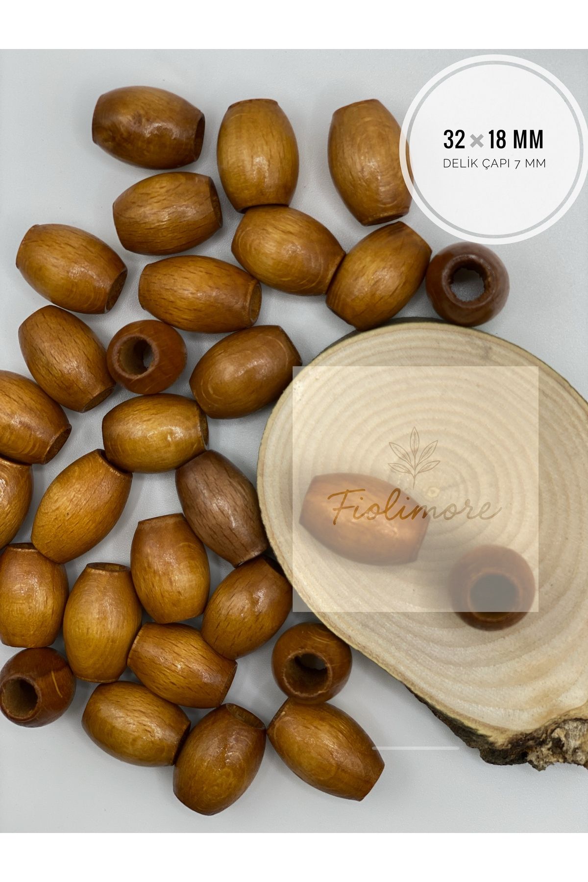 Fiolimore Oval Ahşap Renkli Taba Rengi Boncuk 32x18 mm (50 Gram 15 Adet) Delik Çapı 7 mm Badem Tahta Boncuk