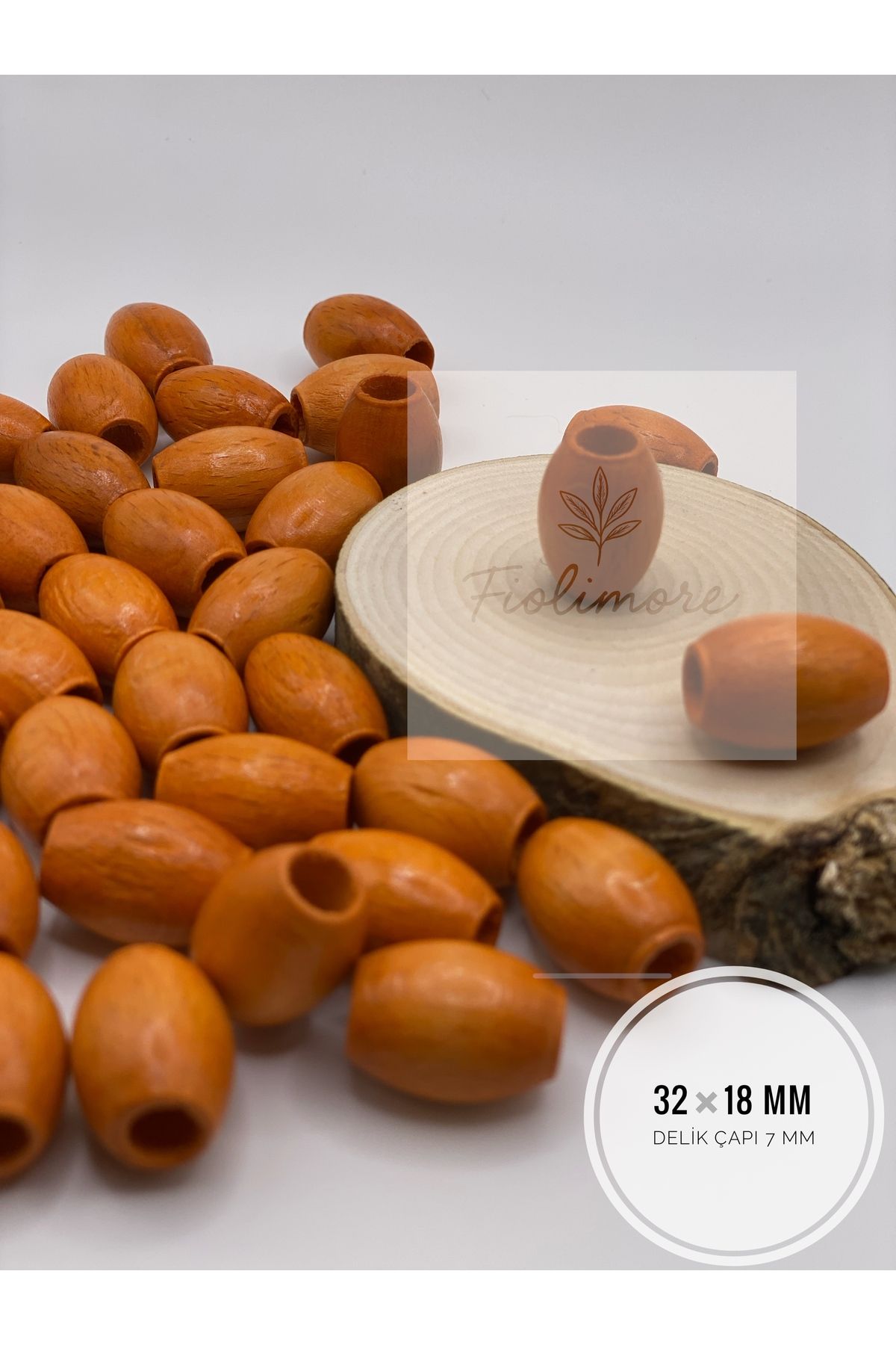 Fiolimore Oval Ahşap Renkli Turuncu Rengi Boncuk 32x18 mm (50 Gram 15 Adet) Delik Çapı 7 mm Badem Tahta Boncuk