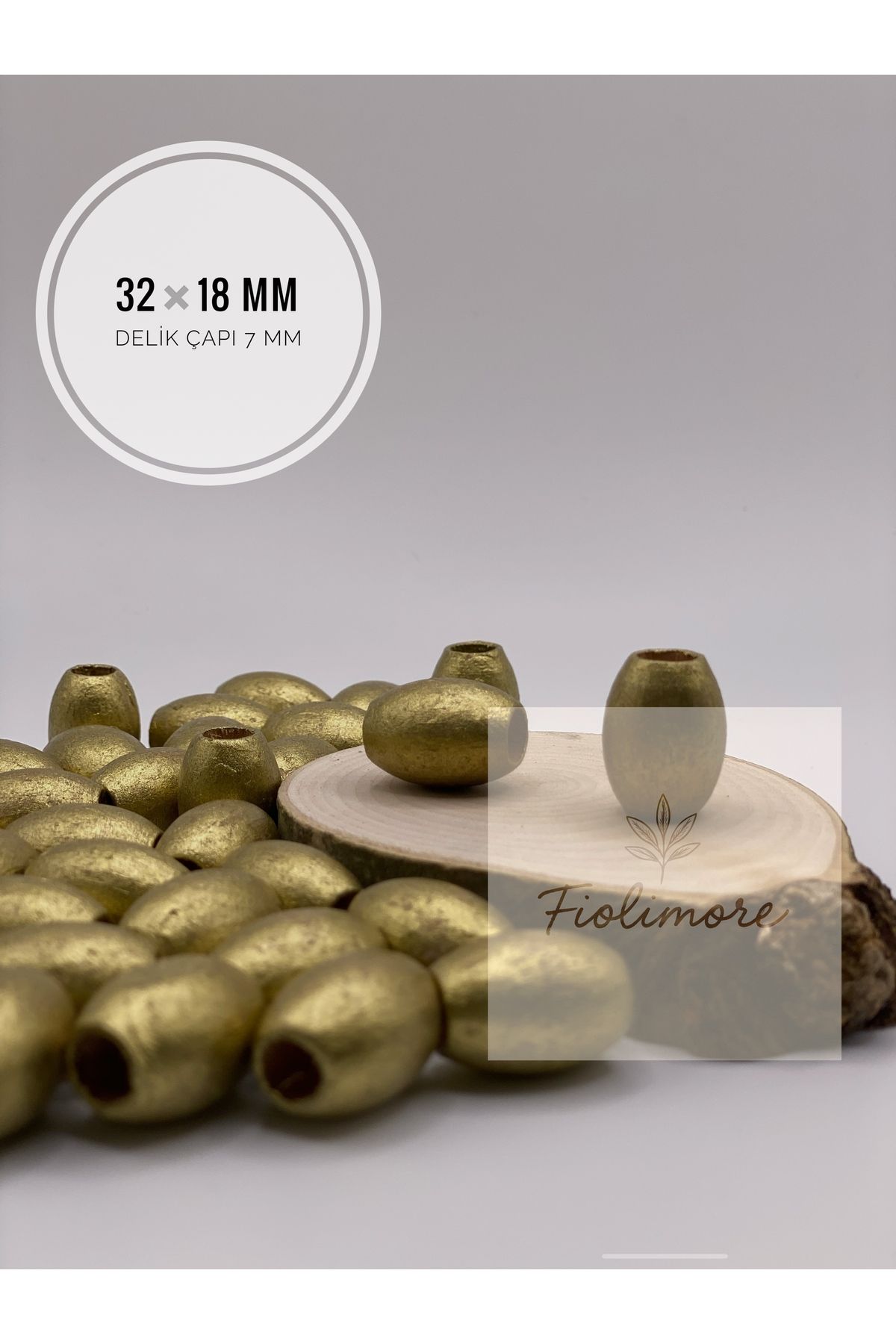 Fiolimore Oval Ahşap Renkli Altın Sarısı Boncuk 32x18 mm (50 Gram 15 Adet) Delik Çapı 7 mm Badem Tahta Boncuk