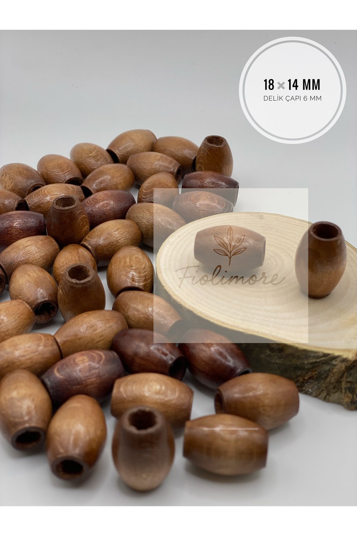 Fiolimore Oval Ahşap Renkli Kahverengi Boncuk 18x14 mm (50 Gram 40 Adet) Delik Çapı 6 mm Badem Tahta Boncuk