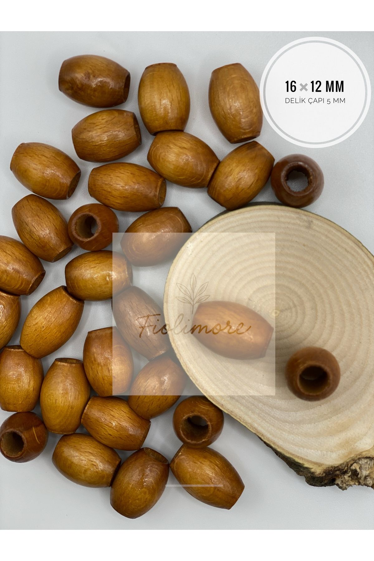 Fiolimore Oval Ahşap Renkli Taba Rengi Boncuk 16x12 mm (50 Gram 75 Adet) Delik Çapı 5 mm Badem Tahta Boncuk
