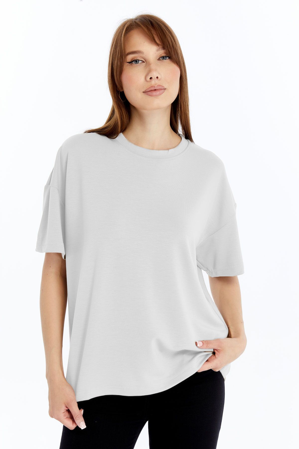 KRAVEN Kadın Modal Tişört Oversize Rahat Bol Kalıp T-Shirt Ağır Kumaş Kolay Kırışmaz Ütü Gerektirmeyen