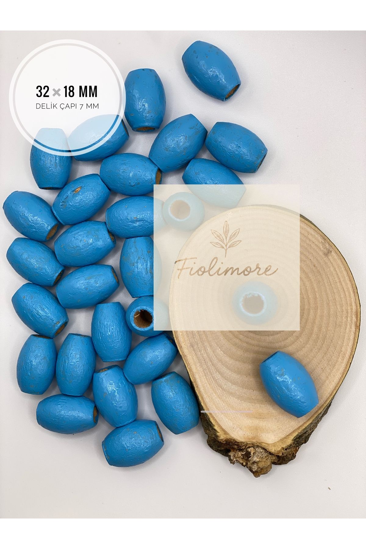 Fiolimore Oval Ahşap Renkli Mavi Rengi Boncuk 32x18 mm (50 Gram 15 Adet) Delik Çapı 7 mm Badem Tahta Boncuk