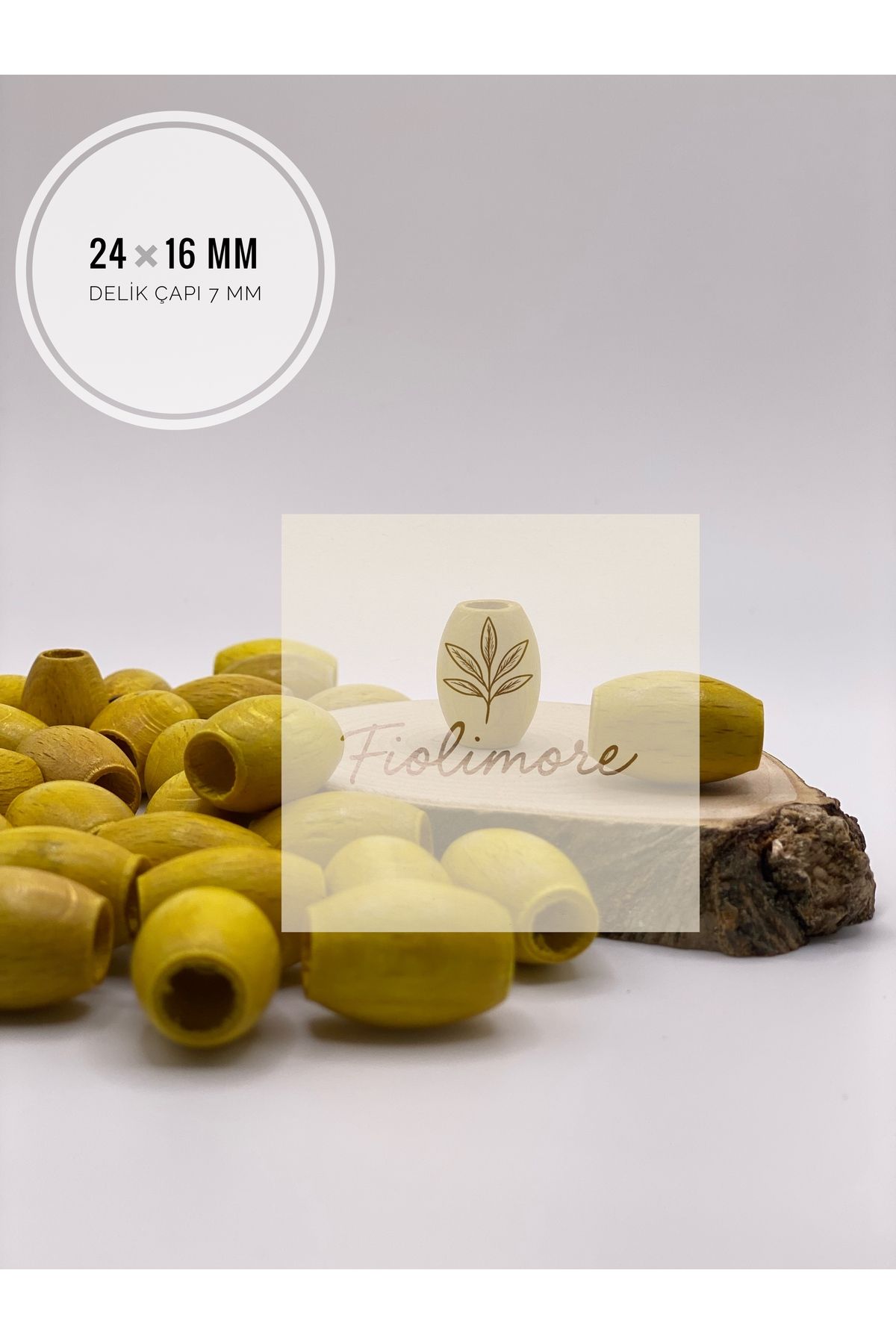 Fiolimore Oval Ahşap Renkli Sarı Rengi Boncuk 24x16 mm (50 Gram 25 Adet) Delik Çapı 7 mm Badem Tahta Boncuk